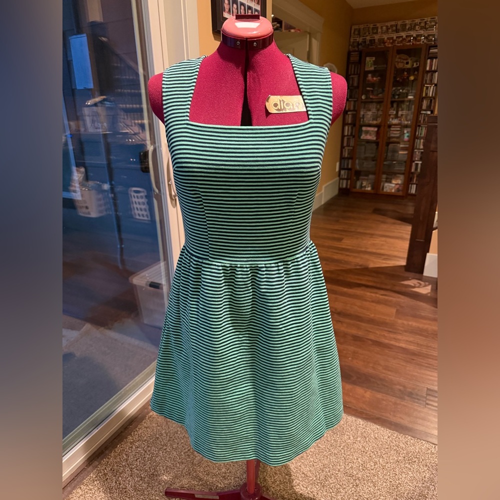 Green and Navy Blue Striped Square Neck Dress